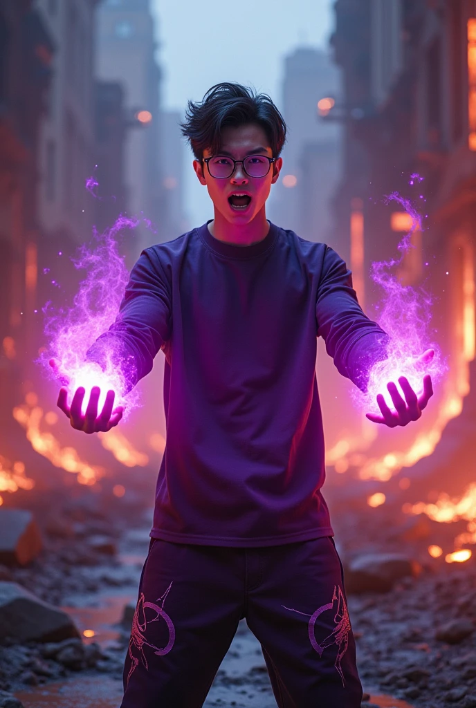 a man real teenage chinese man.(purple glasses) sharp eyes. Anger face. Open mouth. . wearing an (dark purple ) future shirt . anger face.wavy hairstyle purple. Dramatic.. stand on lava ,(dark purple)street wear .cargo pant,, detailed face, cinematic lighting, dramatic atmosphere,.hot day. vibrant colors, 8k, high quality, photorealistic. Hero suit.shadow power dark power from his hand. Glowing magic element shadow elment from hand, ember everywhere . Glowing dark purple, shadow logo design on pant . Very strong. Future design dress. Very epic. Very hot background.. dark sky. Very strong . fire very strong . Flying burn dry leave everywhere..Shadow Imitation sharp shape power from hand .rasengan . at volcano Damage building. Floating small rock everywhere. Shadow Imitation Technique.(( shadow eagle background red eyes))
