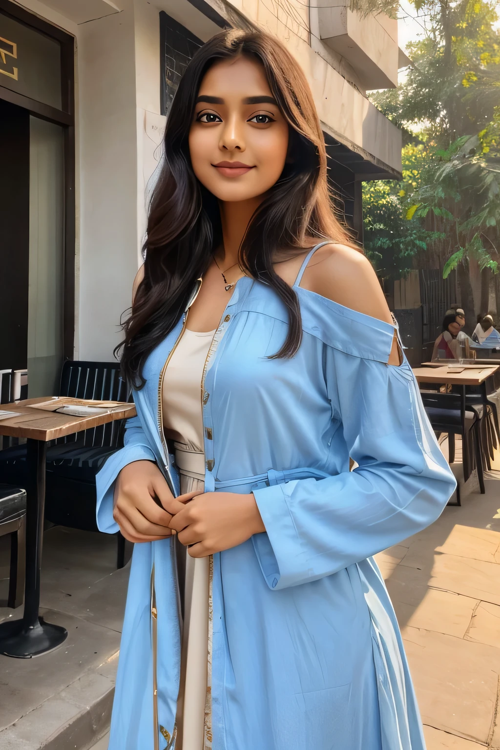 an Indian instagram content creator born in the year 2001 in the city of Delhi. Born and bought up in south delhi part of delhi she stayed in hauz khas area since her childhood days. she went to shri ram college of commerce to complete his bachelors in commerce. Post that she started her content creation journey on instagram in the area of lifestyle, fashion & style. she has been working with several big and premium brands to promote their products. Currently she is doing a paid promotion for zara promoting their dress. she is shooting at a cafe located in meharauli area of south delhi. It's winter morning she is wearing a beautiful dress from zara and a jacket from gucci. she has silky hairs running through her shoulders. she has a cute smile on her face. her eyes has a glitter of million sun. 