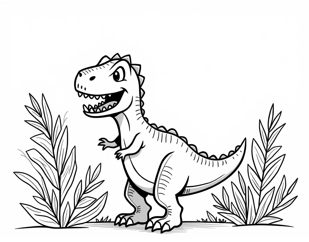 Black and white coloring book, Adorable and minimalist kids print of a Tyrannosaurus Rex roaring in the middle of a prehistoric jungle