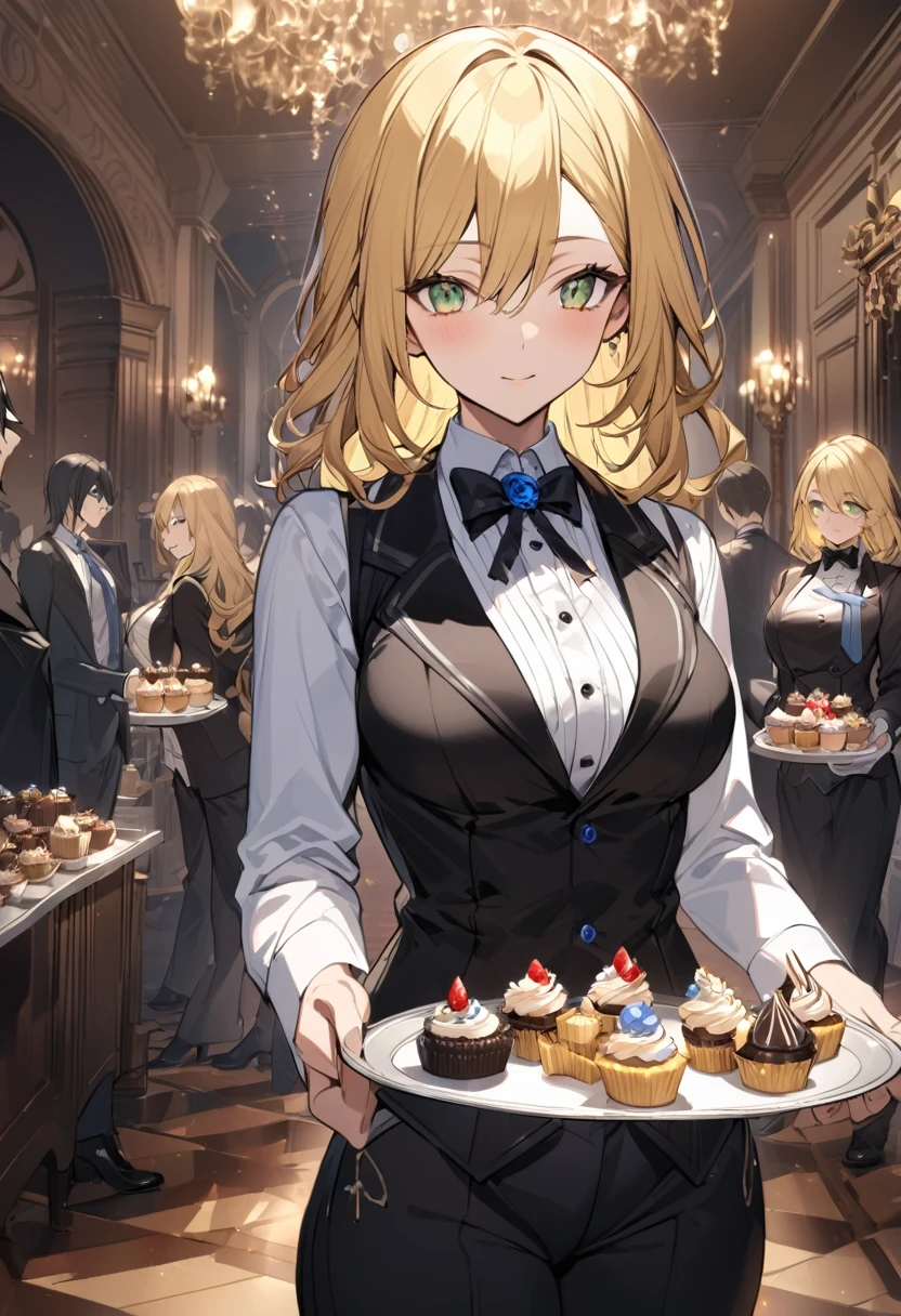 Woman, yellow hair, greeneyes, black butler outfit, black pants, a blue tie, breasts big, holding a tray of cupcakes, a party in the background, serving the guests, detailed back ground, work of art, face perfect, perfect hands, very detailed clothing