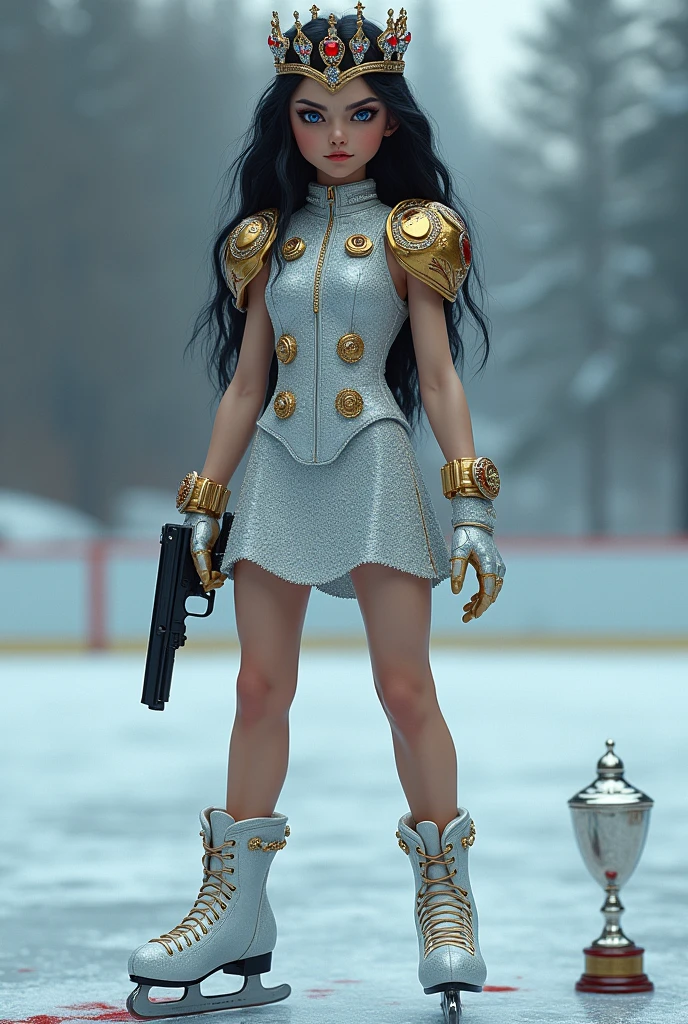 1 girl with a young face but penetrating look, long black hair, blue eyes, white skin, on an ice skating rink in a tight-fitting, silver-white dress-like mesh , short, martial type, which has six pairs of gold buttons, the neck is high, The long sleeves and shiny gold shoulder pads, with a gold watch on his wrist, with diamond-encrusted skates on the boot with a large trophy on the ice floor and a marakov gun in her hand with blood splatters and shiny ice skates full body with a goddess aura and with a crown with red stones on her head shiny skates 