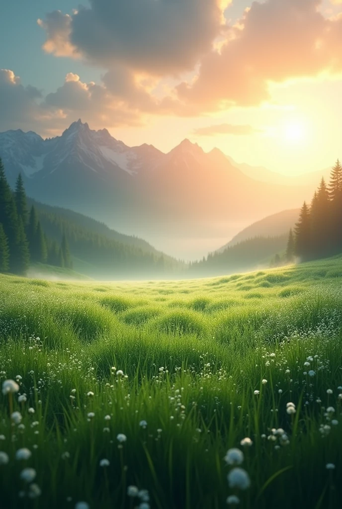 "A tranquil meadow at sunrise, with dew-covered grass glowing in the early morning light, and a distant mountain range bathed in golden hues."
