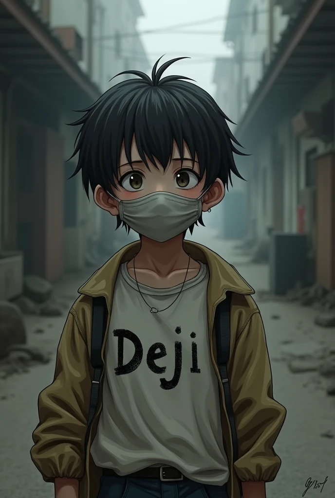 Wearing Mask for 20 years , there will be a boy, and there will be a written text on his clothes, DENJI