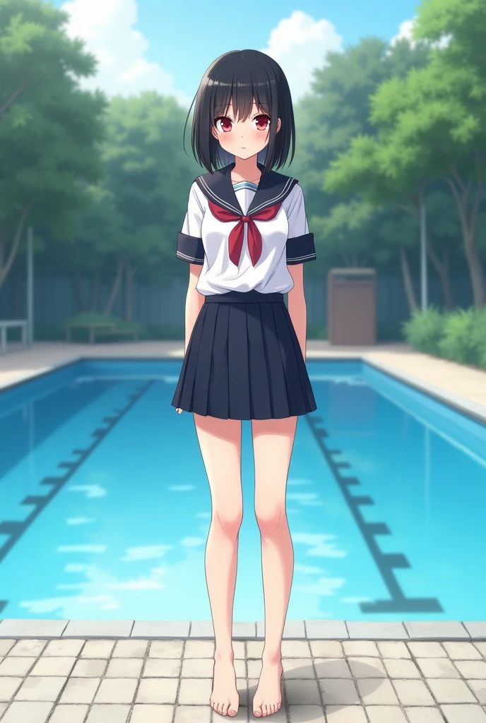 Standing by the empty school pool、middle School girls、Black short hair、uniform、skirt,Deep red eyes、barefoot、cute、smile、Full body portrait