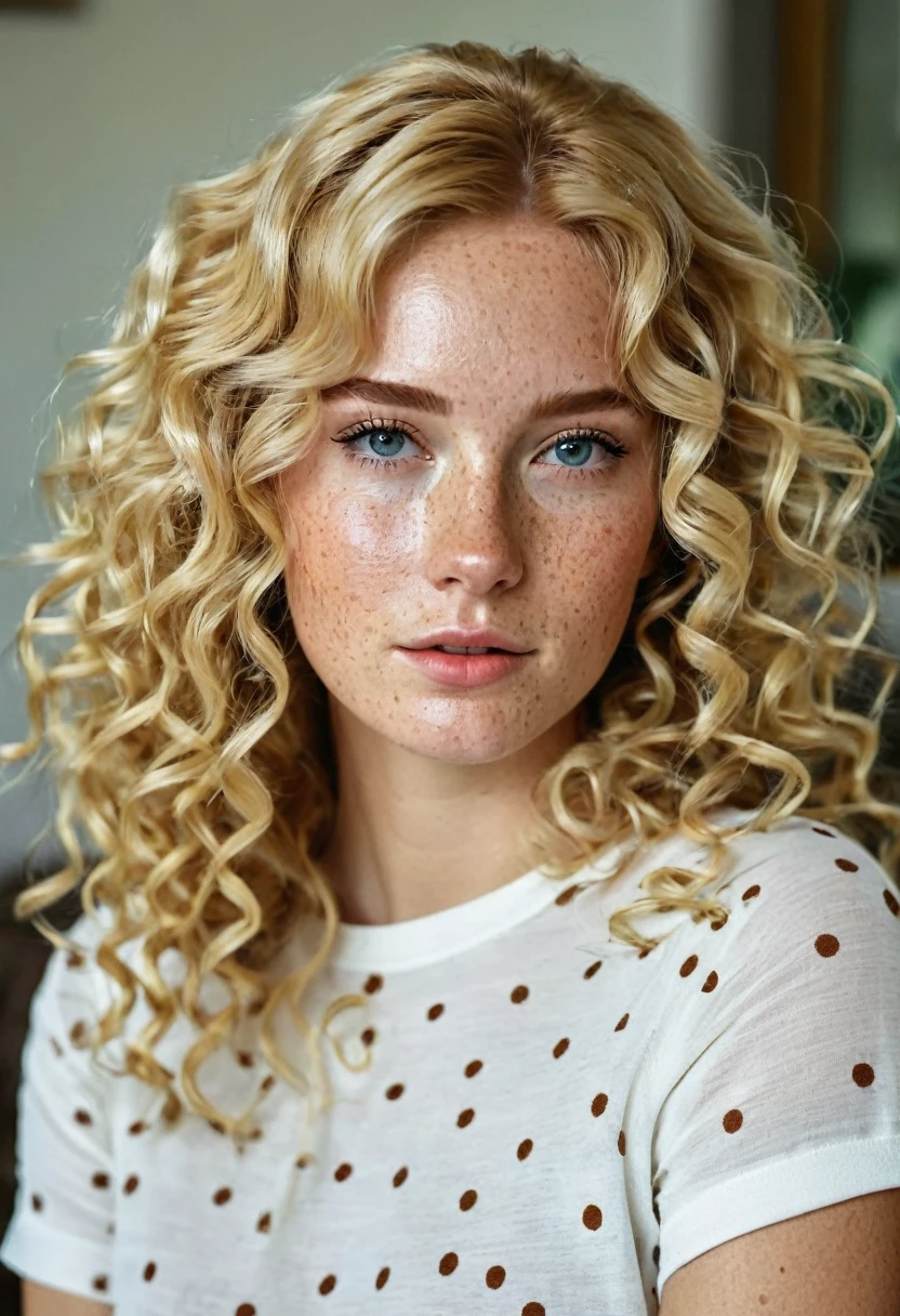 Model, girl 20-2, blonde with freckles and curls. In a home environment