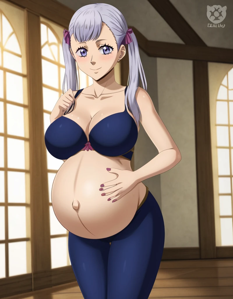 noelle_blackclover, Noelle Silva, Black Clover, long silver hair, waist-length hair, half-up half-down hairstyle, ribbon, side-parted bangs, almond-shaped blue eyes, high-quality, ultra-detailed, beast quality, 8K resolution,
looking at viewer, dutch angle, cowboy shot, smile, pregnant belly, large belly, big belly, big Breasts, belly button,
1girl,solo, indoors, happy, Smiling, rub belly,
full body, Nail polish,