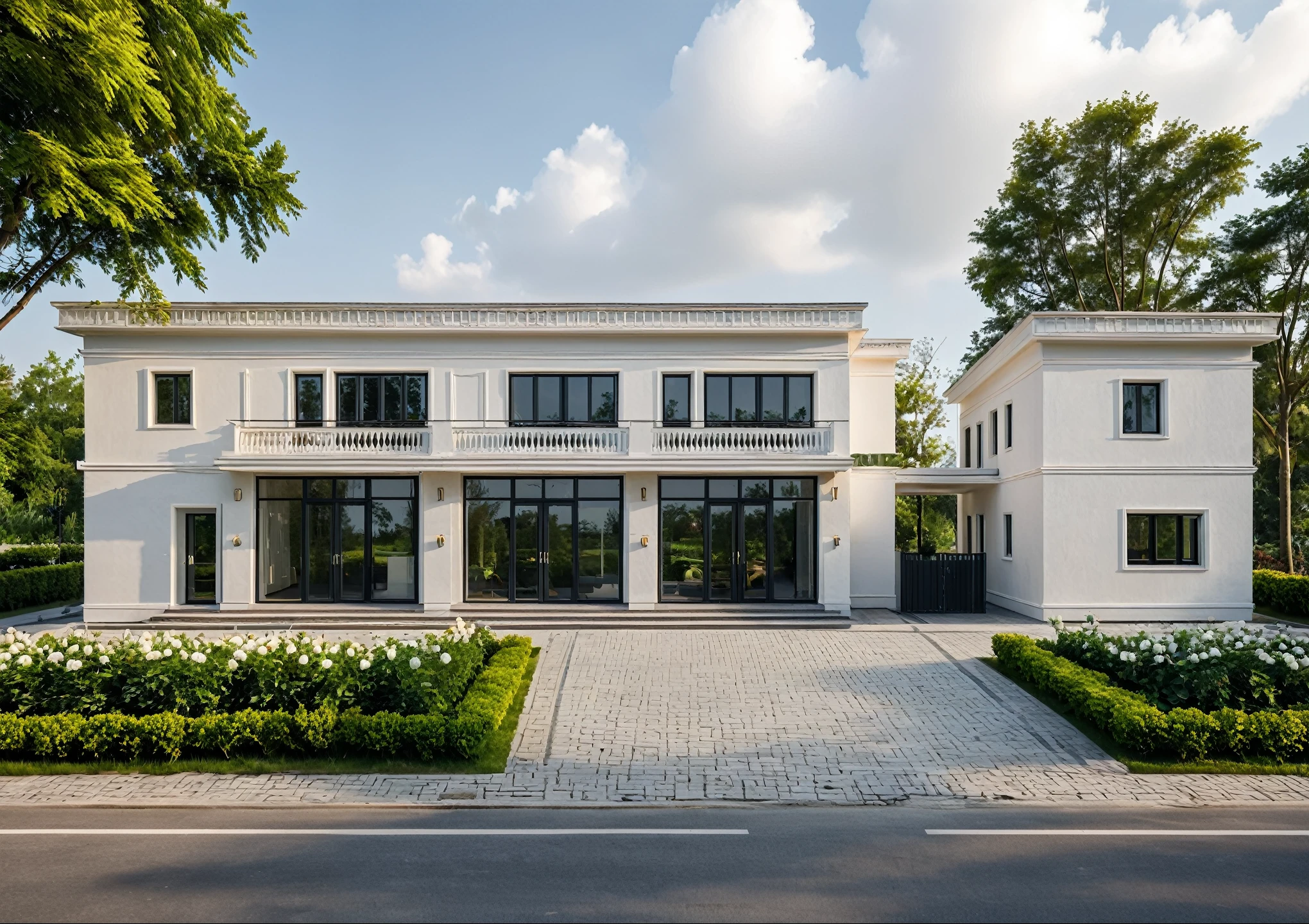 A two-story neoclassical villa with elegant columns, large arched windows, and a grand entrance, surrounded by a well-manicured garden. Next to the villa is a modern electric generator and a small security guard house with classic architectural details. Photorealistic, high detail, cinematic lighting, Masterpiece, high quality, best quality, authentic, realistic scene, super detail, outdoors, house on the street ,white wall, glass window, steel gate, road, pavement, grass, trees, sky, cloud, car (daylight:1.1)