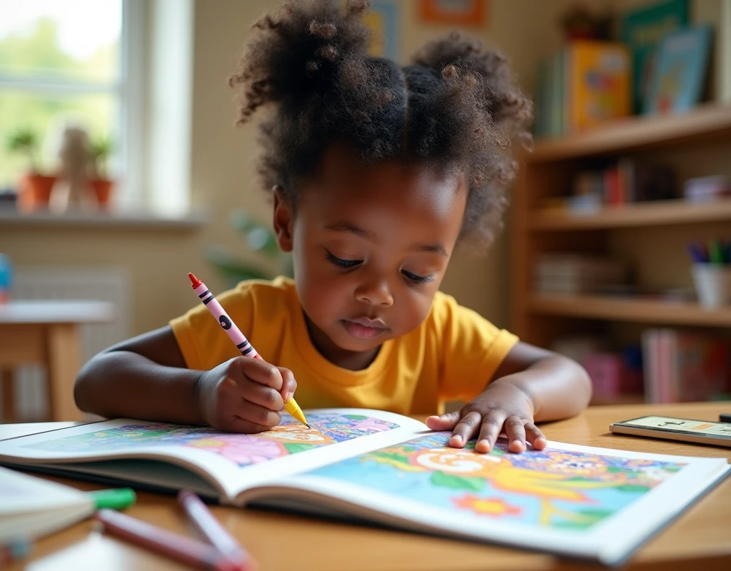photo of a back kid coloring a book