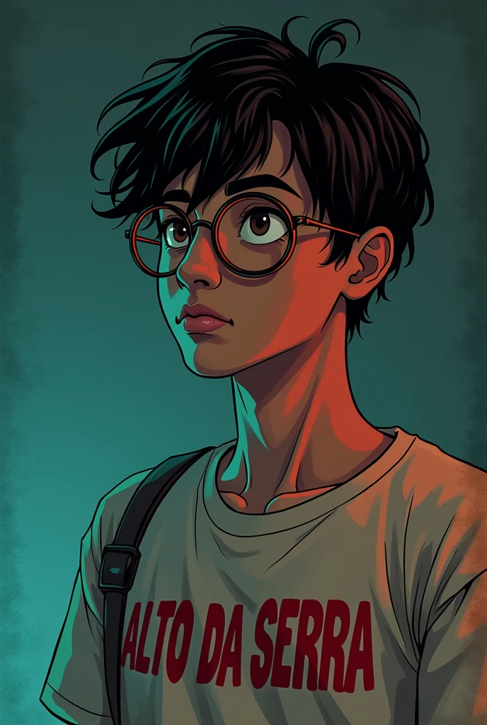 20-year-old brown man with a mysterious expression, medium dark brown hair, twink, thin and sedentary wearing glasses and looking like a nerd, It has a kind of dark academia style, with a summer camp t-shirt that says Alto da Serra in red,no back ground, dc comic art style.