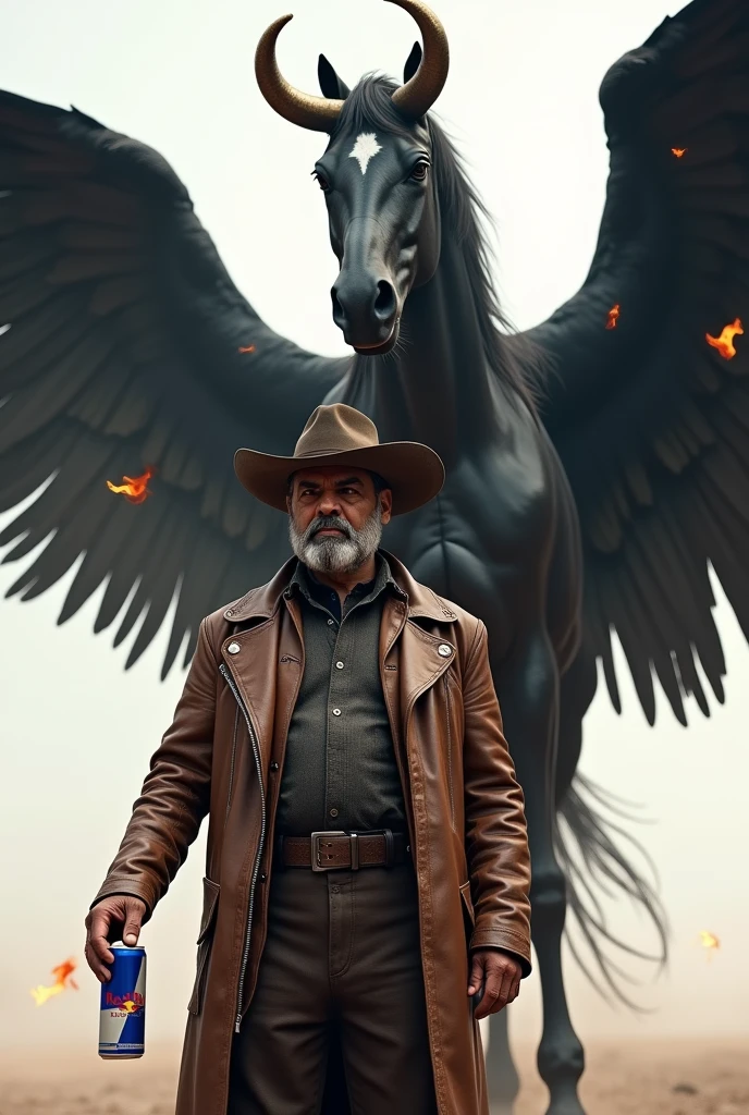 NawazSharif as a Cowboy in hand redbull with Black Horse with wings with horrorfire white background