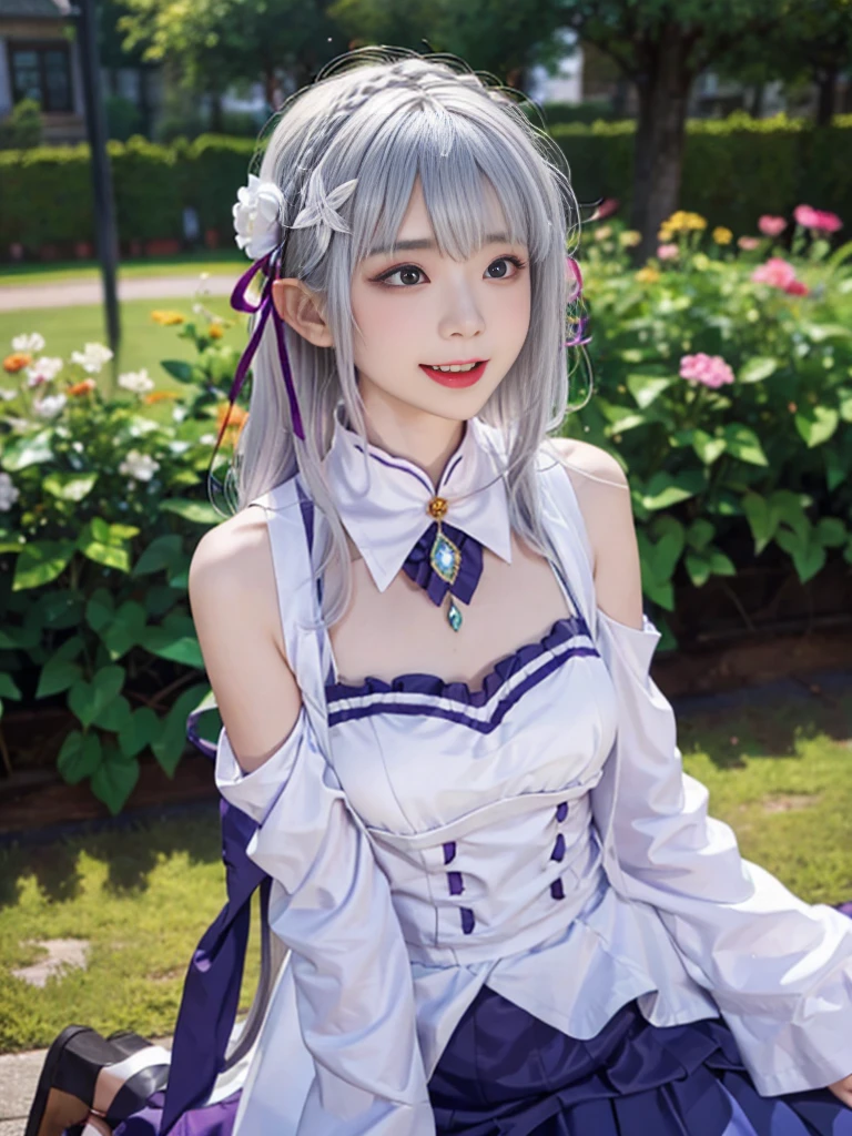 Highest quality、High resolution、Ultra-detailed、8k, Emilia、Emilia Masterpiece、Highest quality, In the castle courtyard, Bans, Clothes are white, 長いsleevemouth, just_shoulder, dull_前hair, Blurred, Blurred_background, Blurred_prospect, blush, Braid, big breats,sexy body,chestout, chestの谷間, Closed_mouth, cloud, crown_Braiding, Tag, depth_In_Field, independent_sleeve, dress, Emilia_\(Again:Stay Night\), eyebrows_appear_Through_hair, flower柄, Precious stones, hair_flower, hair_Decorations have been removed, hair_ribbon, lens_Flare, length_hair, look up_in_Audience, low_length_hair, Moderate_chest, One_eye_Closed, Plein Air, Pleats_skirt, Spiky_ear, purple_eye, purple_ribbon, ribbon, Silver_hair, skirtの, null, Laughter, solo, very_length_hair, white_flower