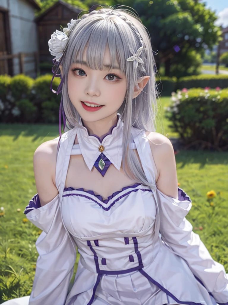Highest quality、High resolution、Ultra-detailed、8k, Emilia、Emilia Masterpiece、Highest quality, In the castle courtyard, Bans, Clothes are white, 長いsleevemouth, just_shoulder, dull_前hair, Blurred, Blurred_background, Blurred_prospect, blush, Braid, big breats,sexy body,chestout, chestの谷間, Closed_mouth, cloud, crown_Braiding, Tag, depth_In_Field, independent_sleeve, dress, Emilia_\(Again:Stay Night\), eyebrows_appear_Through_hair, flower柄, Precious stones, hair_flower, hair_Decorations have been removed, hair_ribbon, lens_Flare, length_hair, look up_in_Audience, low_length_hair, Moderate_chest, One_eye_Closed, Plein Air, Pleats_skirt, Spiky_ear, purple_eye, purple_ribbon, ribbon, Silver_hair, skirtの, null, Laughter, solo, very_length_hair, white_flower