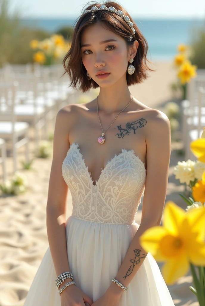A white woman in her 30s, with short brown hair, and brown eyes. He has several small tattoos of the character &#39;The Little Prince&#39; visible on his arms. She is wearing a white wedding dress with a subtle duck print., Elegant cut and modern style. She wears a delicate silver diadem on her head., round silver hoops in her ears, a necklace with a pink stone in the center, Swarovski crystal bracelets on both wrists, and a wedding ring on his left hand. He is standing on an empty beach, with several chairs lined up behind her. The stage is decorated with yellow daffodils and lisianthus flowers. (Stomata) whites, that add a fresh and vibrant touch to the environment