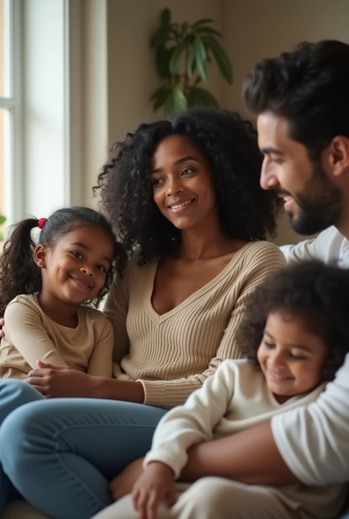 Photo of a black woman in her 30s at home, doing daily tasks and watching her daughters playing with her dark-haired husband.