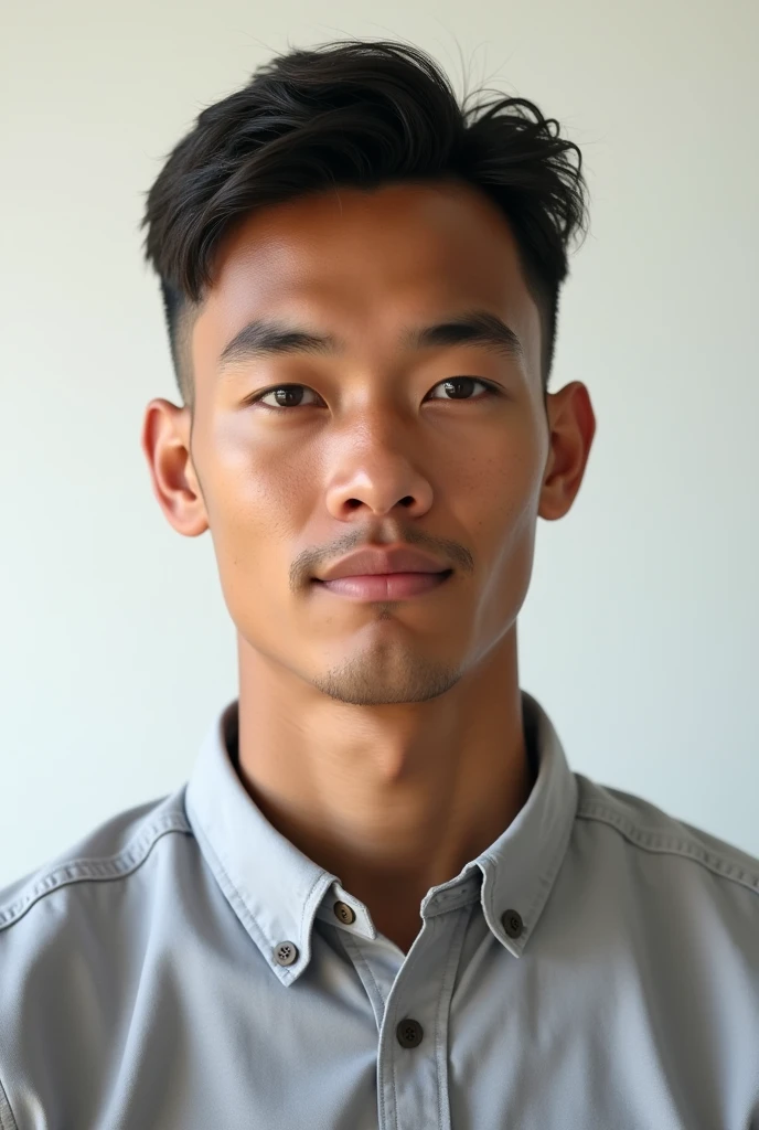 Agora crie um offwhite, Youngh, with a simple photo, front camera with a dress shirt. He is SDR, offwhite, hair cut like a football player, and the background must be a white wall. It must be extremely realistic. He must be Latin, brazileiro, aged 22.