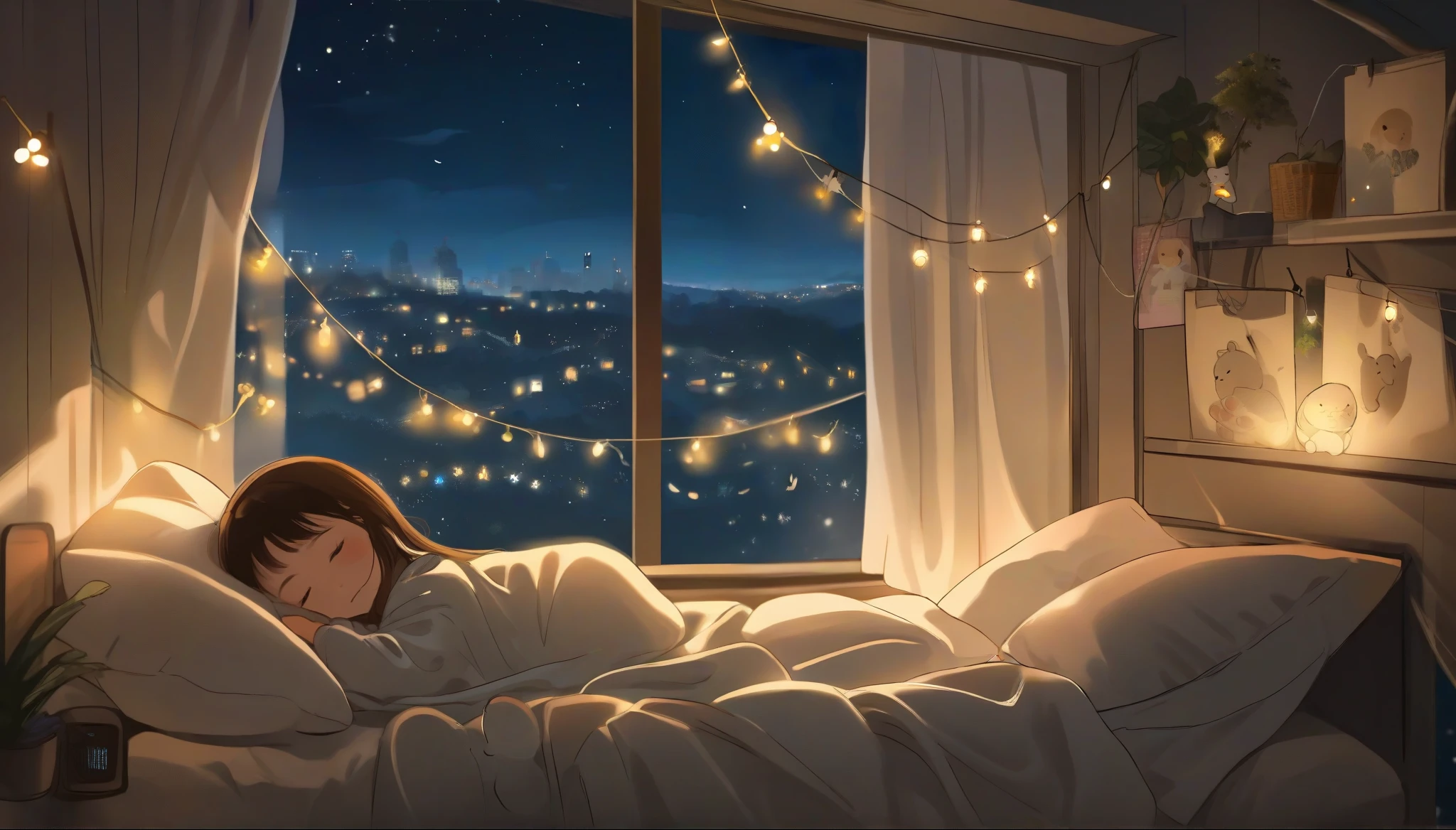 Cute girl sleeping comfortably in bed, Covered with a blanket, Stuffed Animals, wall string lights, window, Cozy and comfortable atmosphere, at night, wonder, Pixiv,