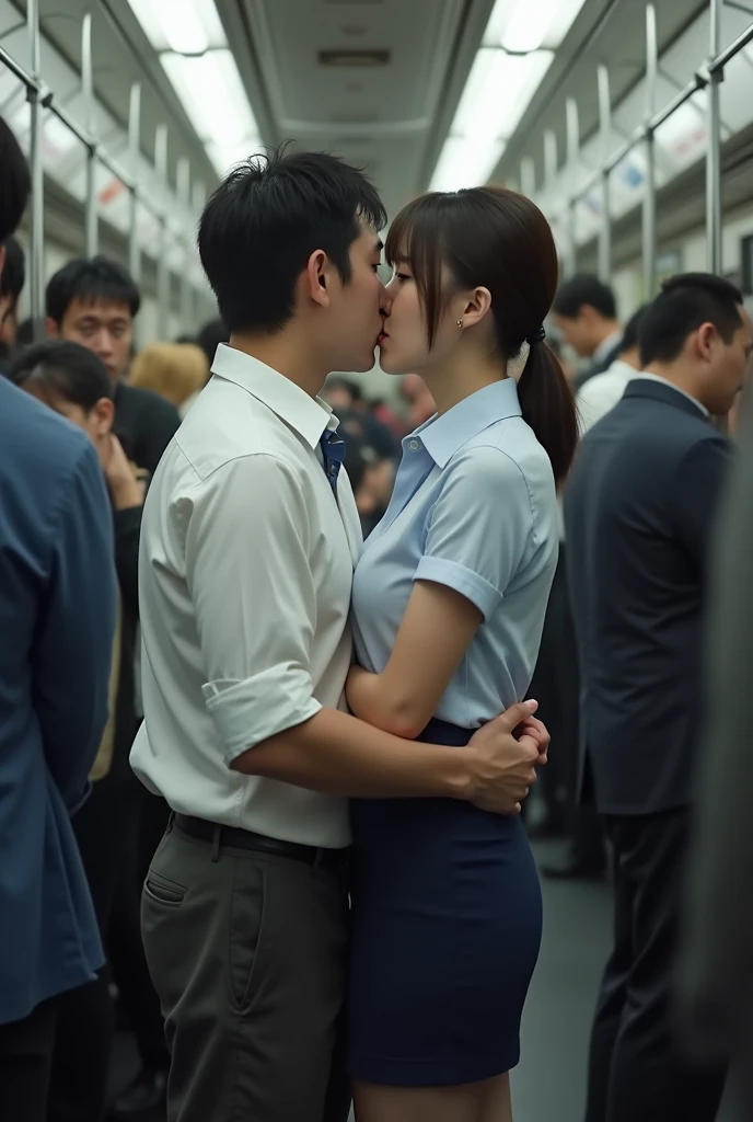 (molestation: 1.5), 1 girl, (full body shot), 1 man, (((office lady being molested: 1.5))), (very beautiful), (beautiful face: 1.5), girl has her hands tied behind her back, girl is crying, (office lady uniform: 1.2), (in a crowded Japanese train: 1.5), man forcefully kisses her, (man takes off her skirt: 1.5), (man hugs her breasts: 1.5), (in SFW: 1.1), (((pussy visible through shirt))), (groans of pain: 1.3), (ecstasy: 1.5),
