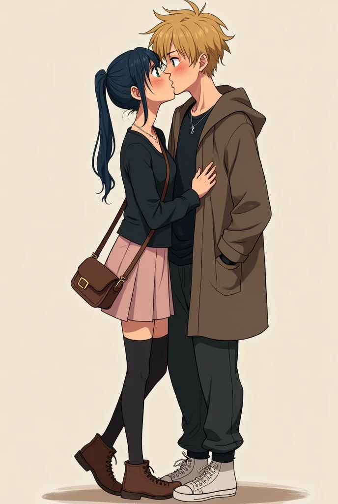 Tall age girl with navy blue hair tied in two low pigtails, green eyes, pale skin with freckles on the face, usa una black long sleeve t-shirt y cuello v, silver pendant, pale pink skirt, black stockings brown boots,a light brown cardigan sweater and light brown crossbody bag kissing tall teenboy with messy blonde hair, black long sleeve t-shirt, somewhat baggy black pants, white tennis shoes and dark brown coat