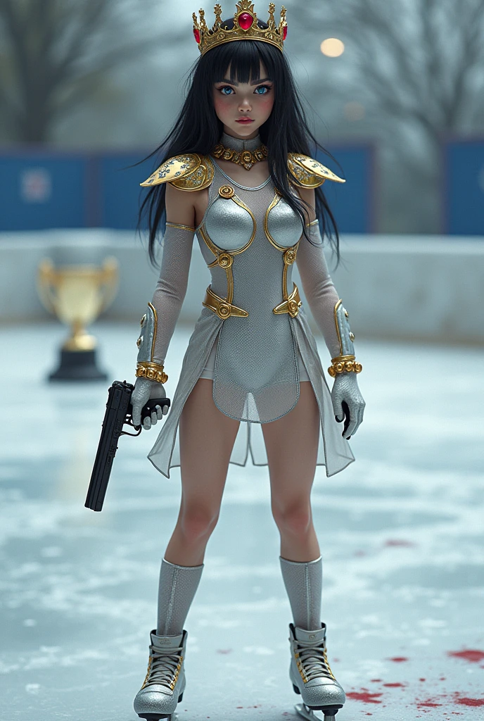 1 girl with a young face but penetrating look, long black hair, blue eyes, white skin, on an ice skating rink in a tight-fitting, silver-white dress-like mesh , short, martial type, which has six pairs of gold buttons, the neck is high, The long sleeves and shiny gold shoulder pads, with a gold watch on his wrist, with diamond-encrusted skates on the boot with a large trophy on the ice floor and a marakov gun in her hand with blood splatters and shiny ice skates full body with a goddess aura and with a crown with red stones on her head shiny skates