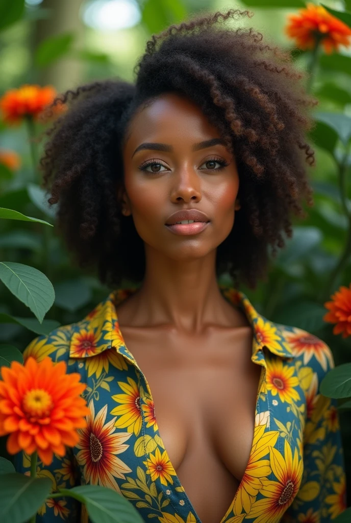 A Brazilian woman in a lush tropical garden, wearing an open shirt with a floral print, with a close-up capturing the harmonious beauty between her breasts and the natural flowers, showing off your natural charm and outgoing personality.