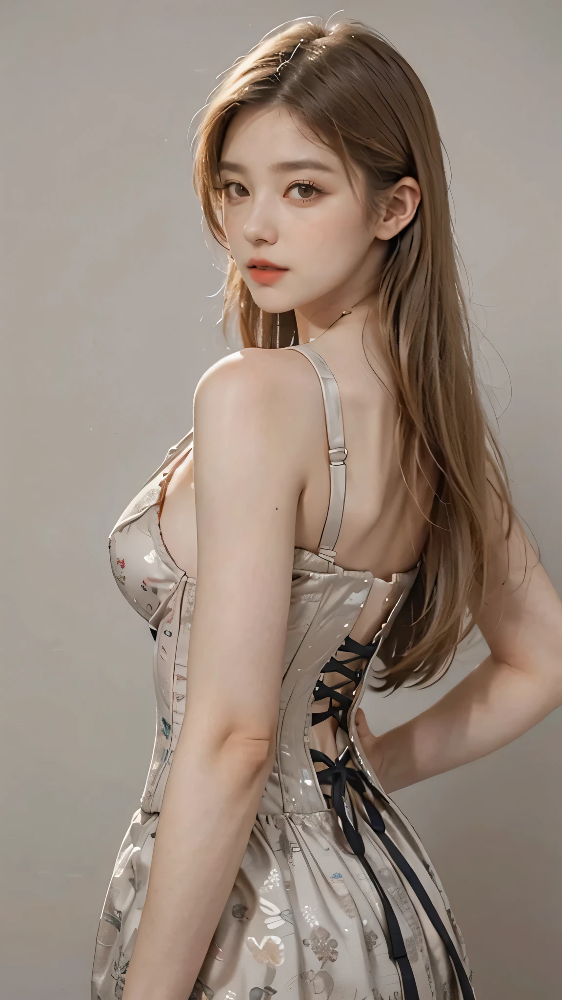 1girl, solo, looking at viewer, blonde long hair, wearing a corset, big ass, brown eyes, upper body, grey background, normal tits, lips, realistic, .