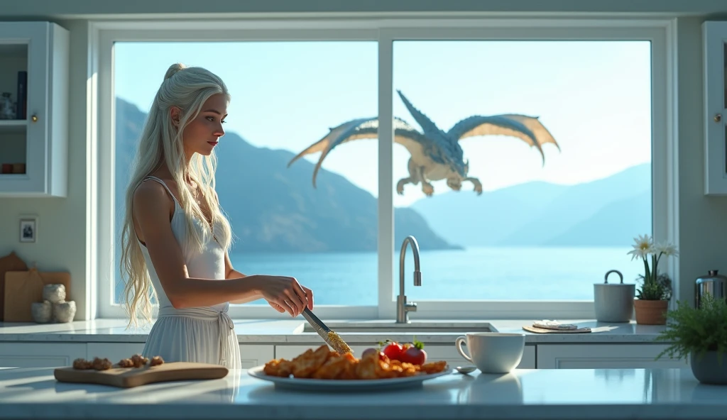 Picture a stunningly beautiful young girl remotely resembling in appearance Daenerys from Game of Thrones. She is preparing herself a healthy breakfast in a bright and modern kitchen. The kitchen is decorated in blue and white color. Outside the window there is sea and mountains, two dragons flying.