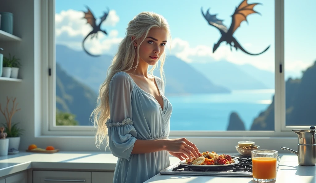 Picture a stunningly beautiful young girl remotely resembling in appearance Daenerys from Game of Thrones. She is preparing herself a healthy breakfast in a bright and modern kitchen. The kitchen is decorated in blue and white color. Outside the window there is sea and mountains, two dragons flying.