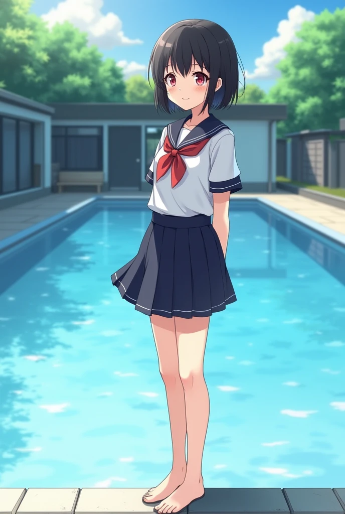 Standing by the empty school pool、middle School girls、Black short hair、uniform、skirt,Deep red eyes、barefoot、cute、smile、Full body portrait