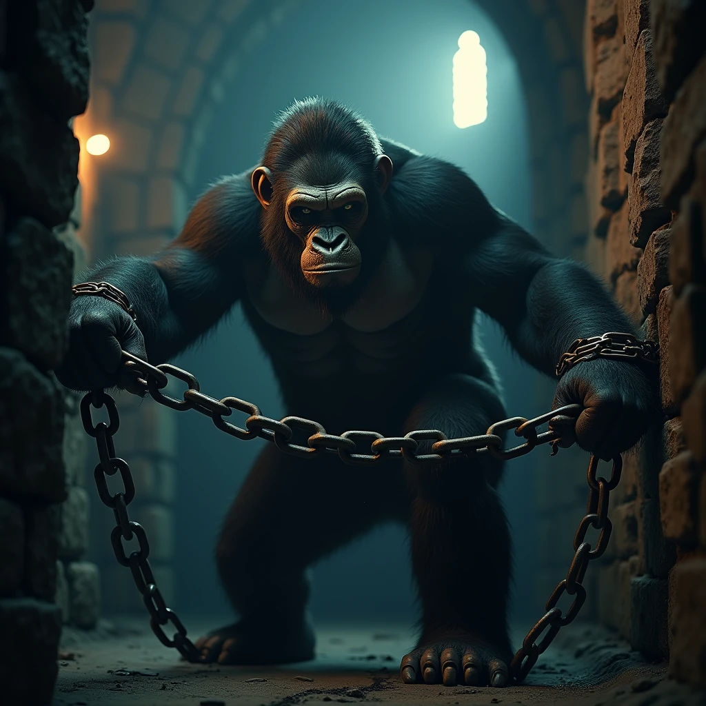 The ape was bound by thick chains, with both ends of the chains fixed to the walls. The interior of the dungeon was very dark, with only a few beams of light coming in from small windows at high places, barely illuminating the surrounding environment. Beautiful cinematic lighting, surreal, color graded, dynamic movement, captivating chiaroscuro, full body, award-winning, cinematic still, emotional, vignette, dynamic, vivid, (masterpiece, best quality, photorealistic, Professional, perfect composition, very aesthetic, absurdres, ultra-detailed, intricate details:1.3)