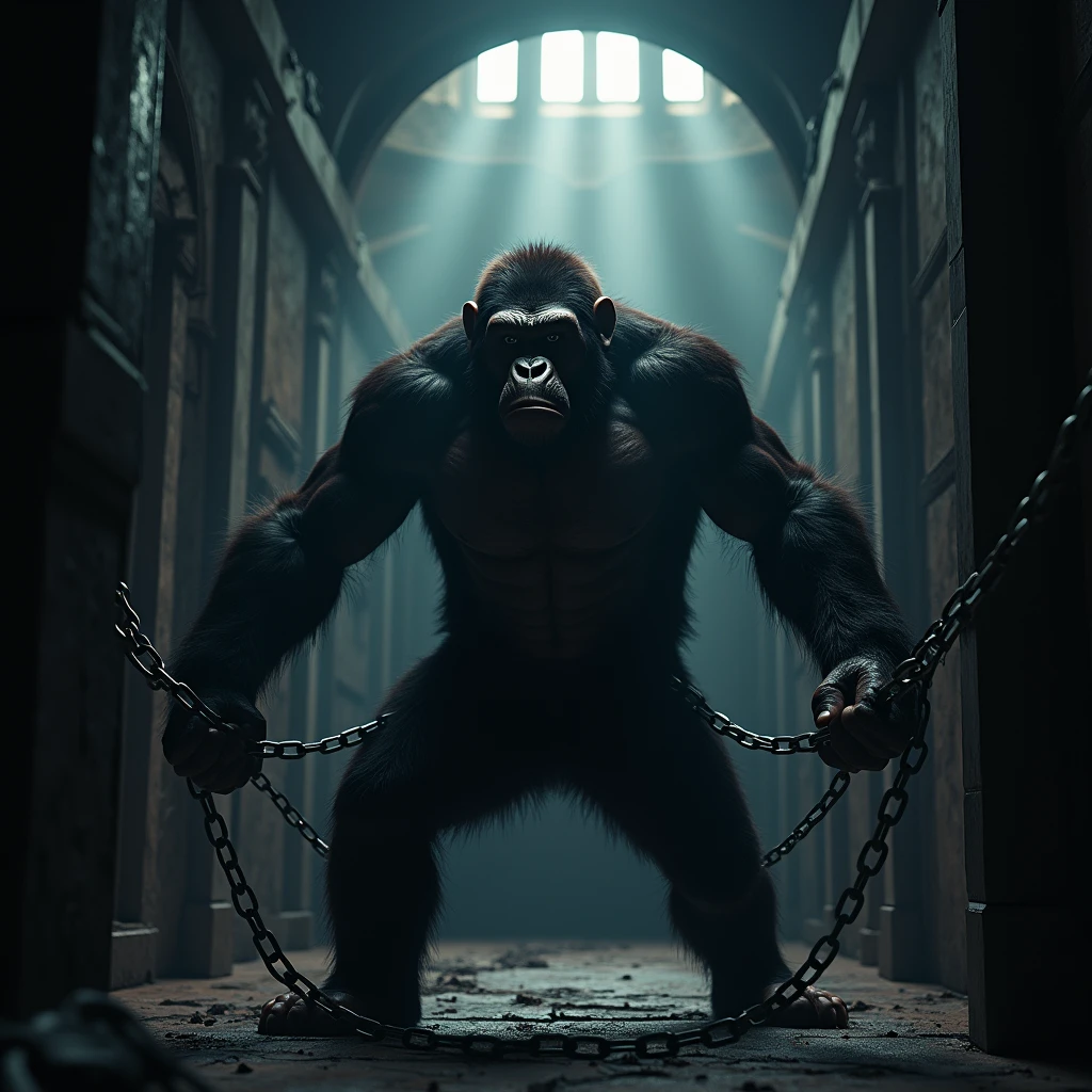 The ape was bound by thick chains, with both ends of the chains fixed to the walls. The interior of the dungeon was very dark, with only a few beams of light coming in from small windows at high places, barely illuminating the surrounding environment. Beautiful cinematic lighting, surreal, color graded, dynamic movement, captivating chiaroscuro, full body, award-winning, cinematic still, emotional, vignette, dynamic, vivid, (masterpiece, best quality, photorealistic, Professional, perfect composition, very aesthetic, absurdres, ultra-detailed, intricate details:1.3)