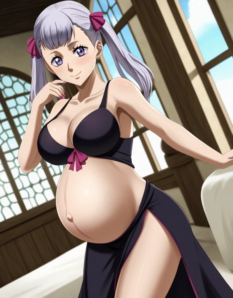 noelle_blackclover, Noelle Silva, Black Clover, long silver hair, waist-length hair, half-up half-down hairstyle, ribbon, side-parted bangs, almond-shaped blue eyes, high-quality, ultra-detailed, beast quality, 8K resolution,
looking at viewer, dutch angle, cowboy shot, smile, pregnant belly, large belly, big belly, big Breasts, belly button,
1girl,solo, indoors, happy, Smiling, rub belly,
full body, Nail polish,