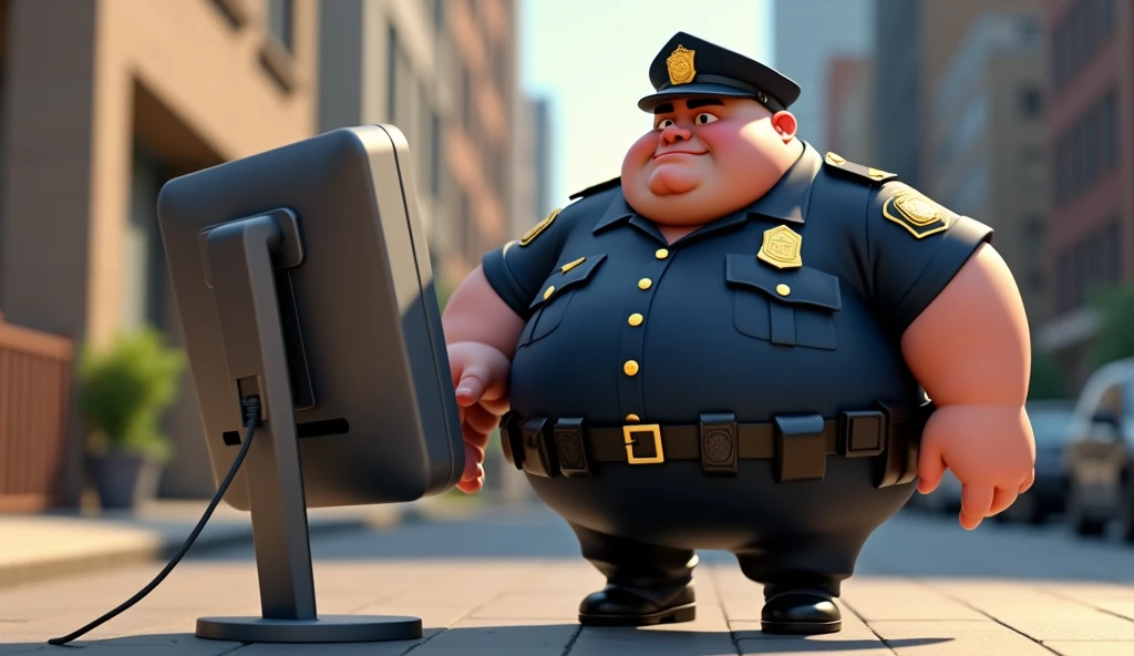 Im Stil von Pixar 3D-Animation filmen. An obese policeman carries away a computer.