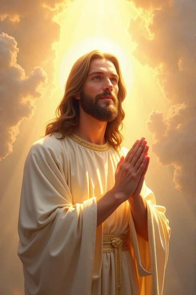 Imagine Jesus with a serene and welcoming expression, your eyes reflecting peace and compassion. He is in a heavenly environment, with a background of soft golden light emanating from her figure, illuminating the environment in a soft and divine way. He wears a shining white robe, with golden details that glow softly under the light. His hands are raised in a pose of blessing and prayer, radiating a calm and comforting energy. Around her, there is a slight luminous aura, almost ethereal, that highlights its sacred presence.
The backdrop could include soft details like shimmering clouds and a dawning sky., suggesting divine proximity. The image should capture the feeling of peace, Hope and faith, inviting the viewer to a moment of prayer and deep reflection.