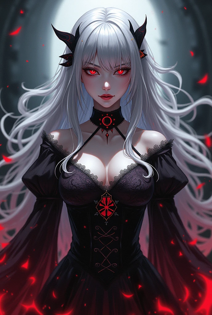Masterpiece, Very detailed, Ultra-detailed, One, vampire-woman - pale skin, long white hair, blood-red eyes and detailed black dress and with accessories on the head and body, with huge breasts and around the moon and stars, terrible and terrifying atmosphere