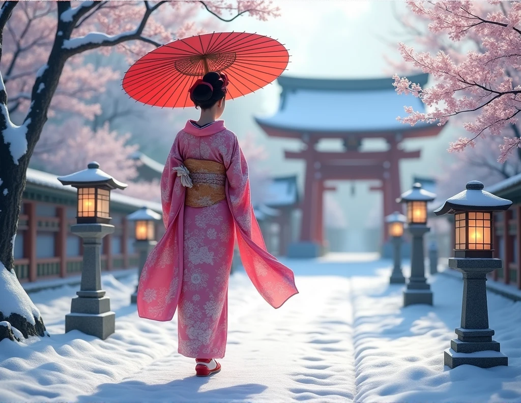 o	A geisha in a pink and silver kimono, holding a red wagasa (Japanese paper umbrella), walking down a snow-covered path, with a Shinto shrine in the background and stone lanterns along the way.