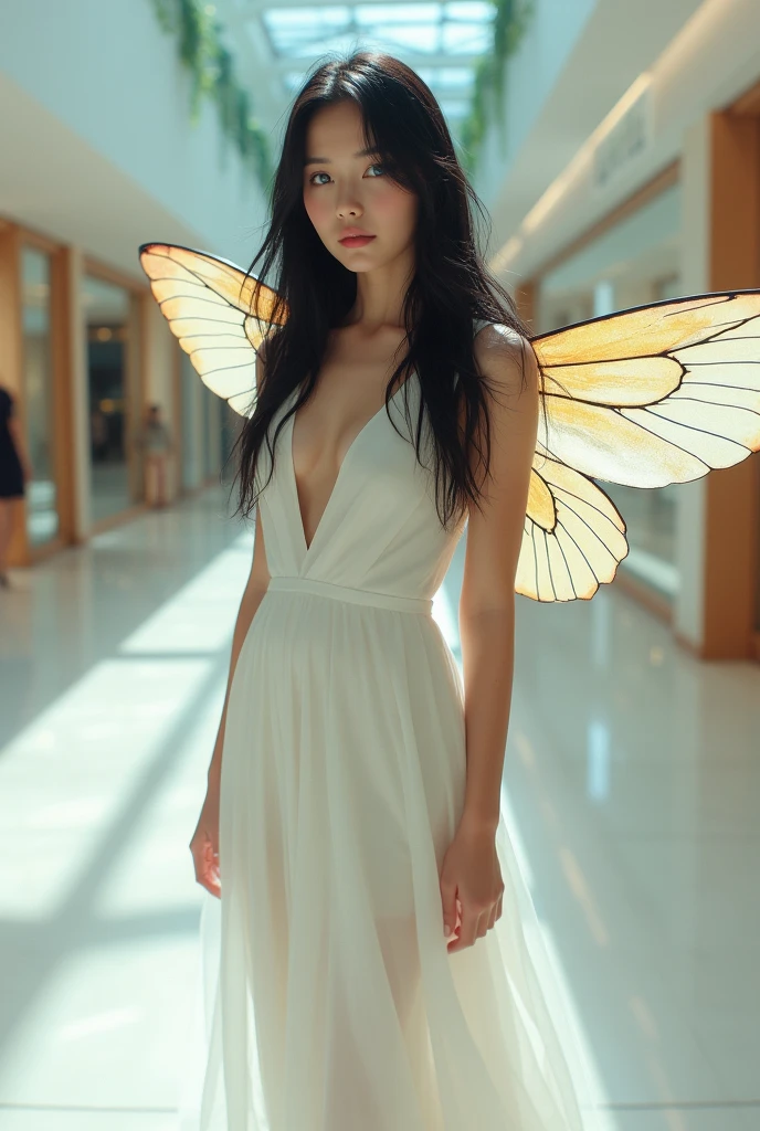 Girl with bee wing with big black hair blue eyes in white sleeveless dress without details in a store in the mall