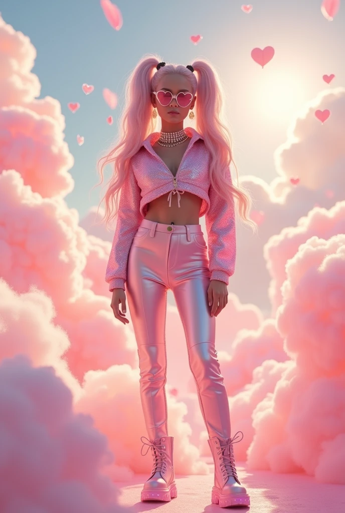 A photorealistic 4K cinematic image of a stylish young woman standing in a surreal, otherworldly pink environment. The scene is filled with a dreamy, ethereal atmosphere, where the sky and surroundings blend into soft, pastel hues of pink and peach, reminiscent of a cotton candy dreamscape.

The woman has long, flowing pastel pink hair styled into twin high ponytails that cascade down her back, with soft waves adding volume and movement. She wears heart-shaped, pink crystal sunglasses that catch the light, reflecting the surreal environment around her. Her outfit is a detailed, shimmering pink sequin jacket that sparkles under the soft sunlight, paired with high-waisted, metallic pink pants that hug her figure perfectly.

Her accessories include a delicate pink choker adorned with tiny pearls, matching bracelets, and dangling crescent moon earrings that shimmer with every movement. The outfit is completed with pink platform boots that add height and a sense of boldness to her look. The boots are detailed with heart-shaped buckles and glowing LED accents around the soles.

The backdrop is an enchanting, surreal landscape with soft, fluffy clouds that swirl gently around the horizon. Floating confetti, heart-shaped balloons, and delicate sparkles fill the air, adding to the whimsical, fairy-tale atmosphere. The lighting is soft and warm, enhancing the overall ethereal vibe of the scene, creating a perfect blend of fashion and fantasy.

[Lighting: Soft, warm glow with ethereal highlights] [Camera: Wide-angle full-length shot] [Resolution: 4k, hyper-realistic] [Style: Pop fashion, surreal pink environment, cinematic fantasy] [Inspiration: Kawaii, Pop Art, Dreamy landscapes].
