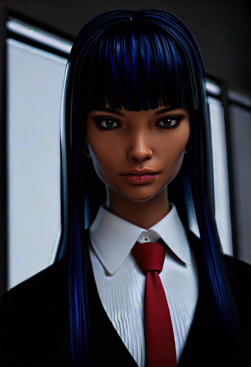 score_9, score_8_up, score_7_up, solo, black suit, suit, white shirt, collared shirt, red tie, tie dark skin, dark blue hair, black eyes, hime cut, long hair, looking at viewer, portrait, 3d
