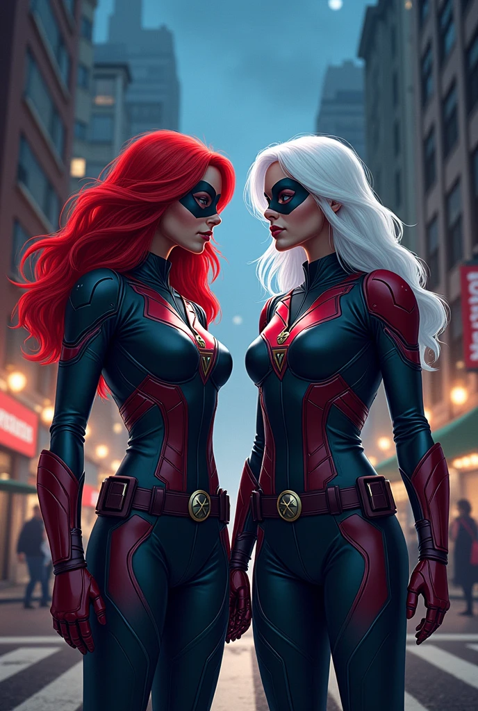 red-haired woman and a woman with white hair,with avengers clothes with masks on their faces,the two of them on a Friday morning in the middle of the street,the night corpo inteiro,the night