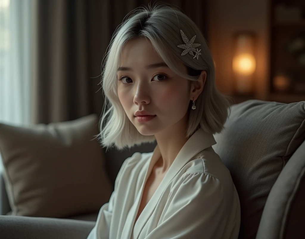 Girl sits elegantly on a modern soft chair, looks straight, Sits up straight, Against the backdrop of a dark, cozy living room, light gray long hair, good illumination of the face, realistically, photo, hair in hairstyles with sparkling hairpins