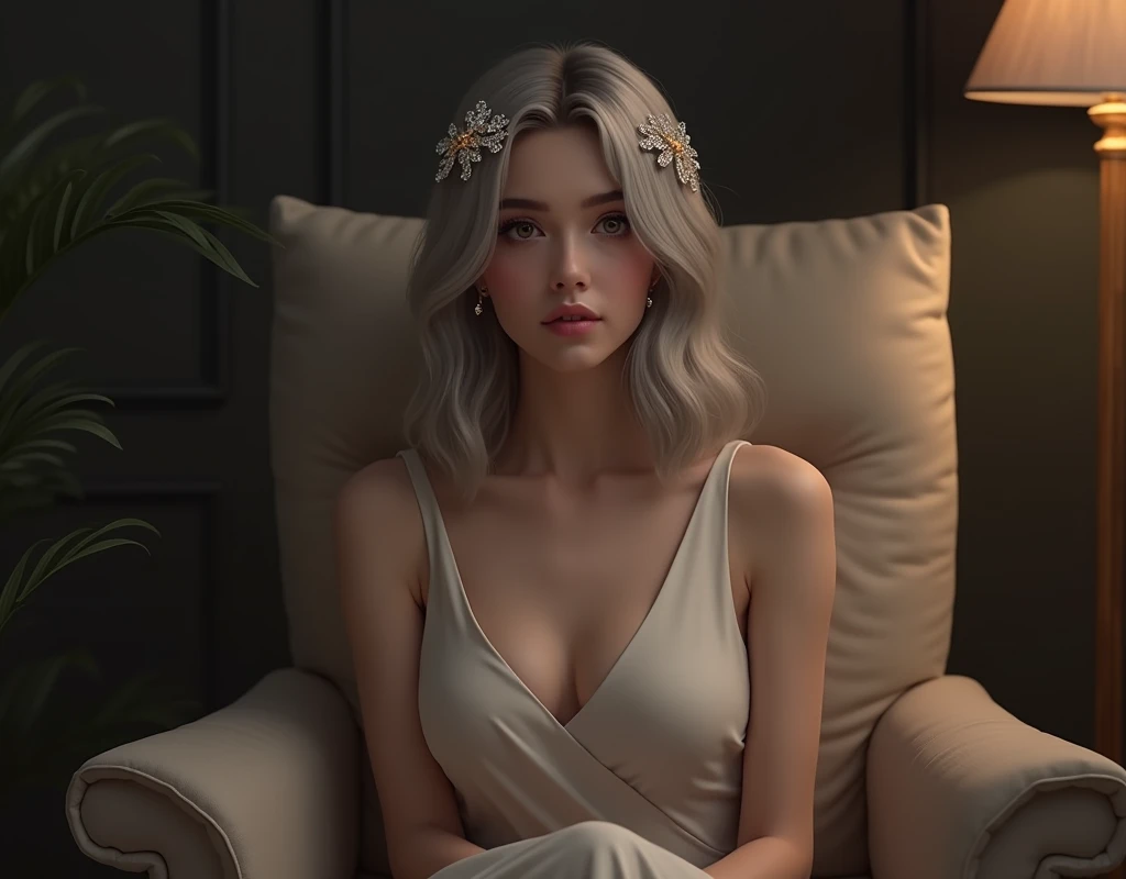 Girl sits elegantly on a modern soft chair, looks straight, Sits up straight, Against the backdrop of a dark, cozy living room, light gray long hair, good illumination of the face, realistically, photo, hair in hairstyles with sparkling hairpins