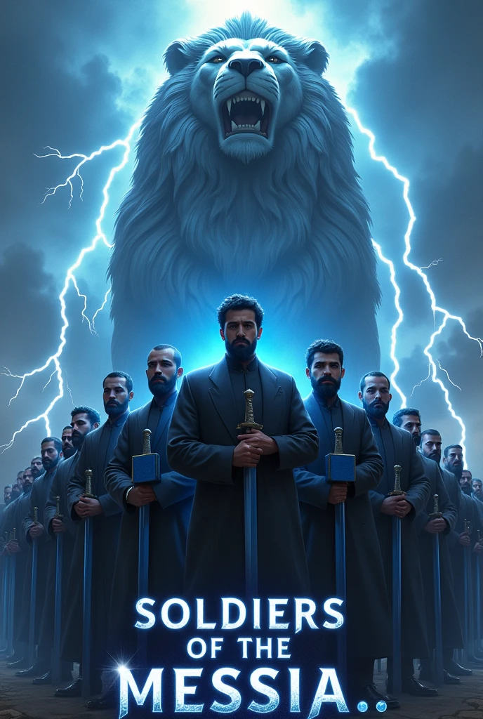 Side view of young men with black beard standing arranged straight side to side ,wearing suit, a huge statue of lion behind the men, lightning all over the place,each of them holding a blue sword with their right hand,each bible on the other left hand, write boldy with blue and whit color "Soldiers of the Messia..." at the bottom