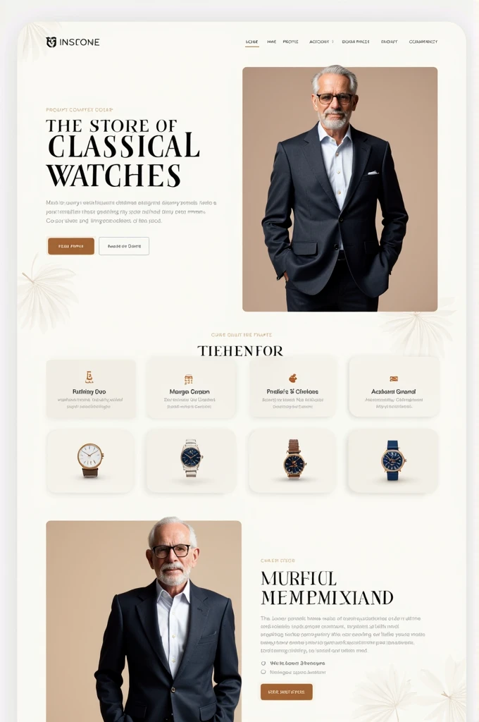 I am a UI UX Designer I want to design the hero page for luxury classical chain watches for old rich men. I want to design the sleek minimal hero page with vintage premium theme. Color scheme must me bright with major color white give me the picture which is professional use sleek header, descent menu and profile, account and other options etc
