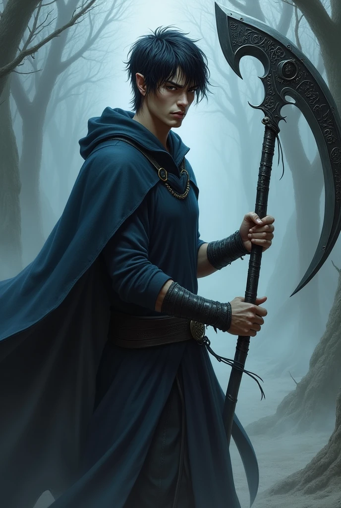 A half-elf man with short black hair and bangs, dark blue tunic with a large scythe.