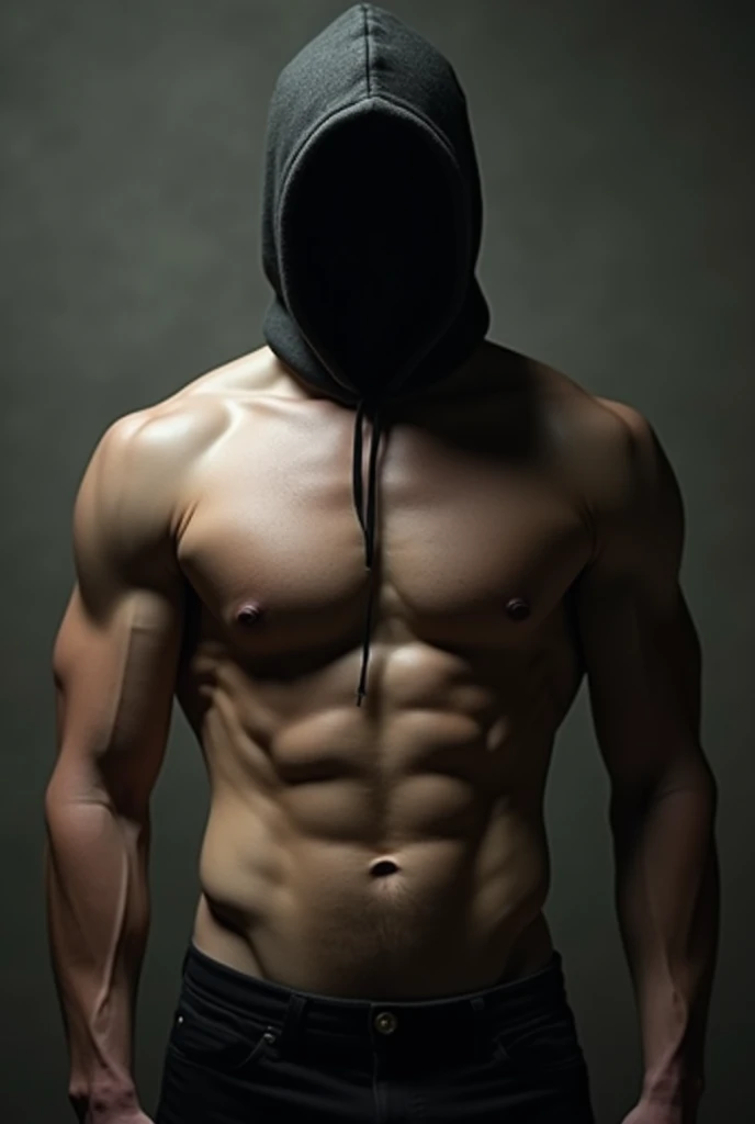 man does not show his face , with a washboard stomach that is not too big or too small , Pose covering the face