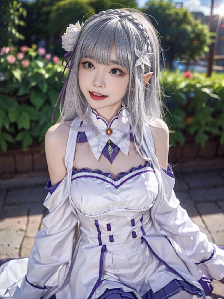 Highest quality、High resolution、Ultra-detailed、8k, Emilia、Emilia Masterpiece、Highest quality, In the castle courtyard, Bans, Clothes are white, 長いsleevemouth, just_shoulder, dull_前hair, Blurred, Blurred_background, Blurred_prospect, blush, Braid, big breats,sexy body,chestout, chestの谷間, Closed_mouth, cloud, crown_Braiding, Tag, depth_In_Field, independent_sleeve, dress, Emilia_\(Again:Stay Night\), eyebrows_appear_Through_hair, flower柄, Precious stones, hair_flower, hair_Decorations have been removed, hair_ribbon, lens_Flare, length_hair, look up_in_Audience, low_length_hair, Moderate_chest, One_eye_Closed, Plein Air, Pleats_skirt, Spiky_ear, purple_eye, purple_ribbon, ribbon, Silver_hair, skirtの, null, Laughter, solo, very_length_hair, white_flower