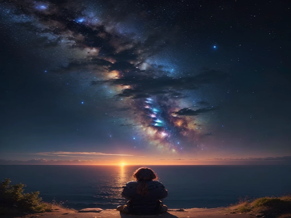 a girl on a hill watching a meteor shower in the night sky, huge and exotic planet in the distance, realistic, photorealistic, 8k, detailed cinematic scene, vivid colors, dramatic lighting, (best quality,4k,8k,highres,masterpiece:1.2),ultra-detailed,(realistic,photorealistic,photo-realistic:1.37),dramatic lighting,volumetric clouds,cinematic composition,highly detailed landscape,dramatic sky,intricate details,dramatic silhouette,stunning vista,awe-inspiring,mesmerizing,breathtaking
