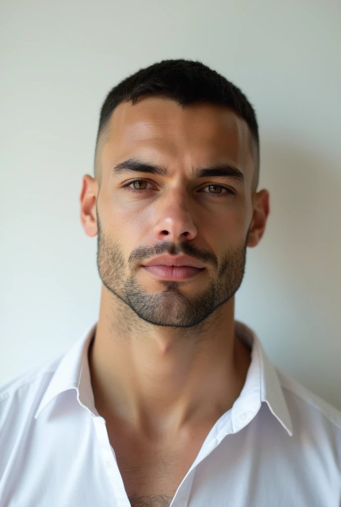 Agora crie um  offwhite, Youngh, with a simple photo, front camera with a dress shirt. He is SDR, offwhite, hair cut like a football player, and the background must be a white wall. It must be extremely realistic. He must have a Brazilian look, simpler, com uma barba rala. 
