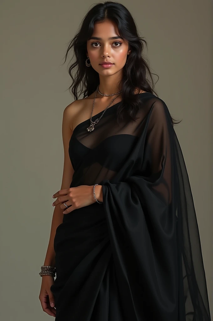 uhd, high details, best quality, goddess, wearing a sexy black saree 