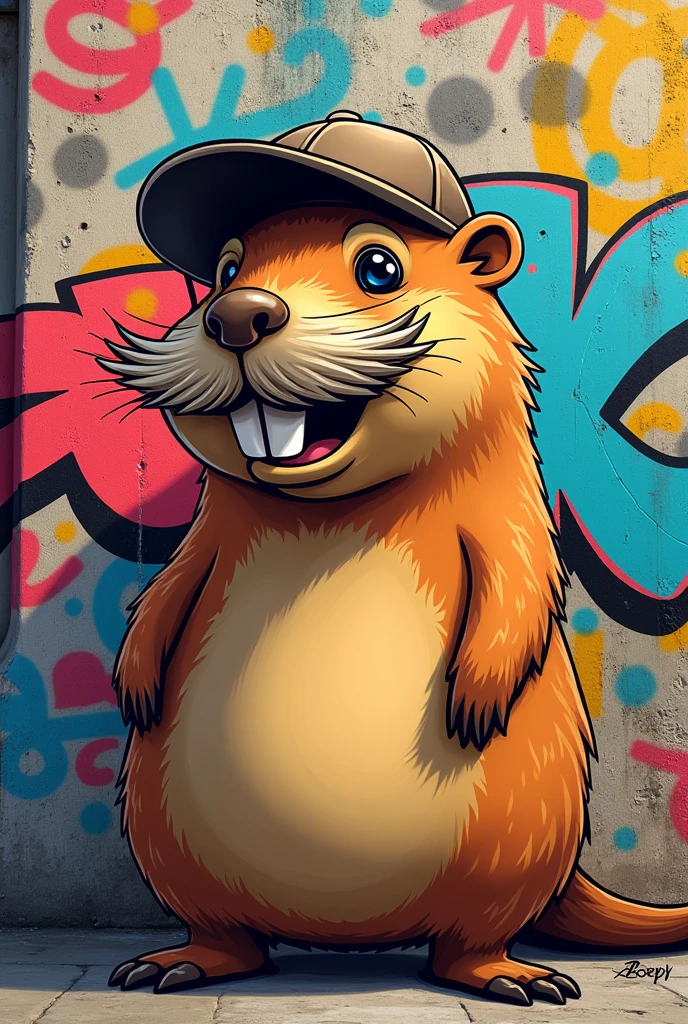 A capybara wearing a mustache and a cap cartoon graffiti drawing
